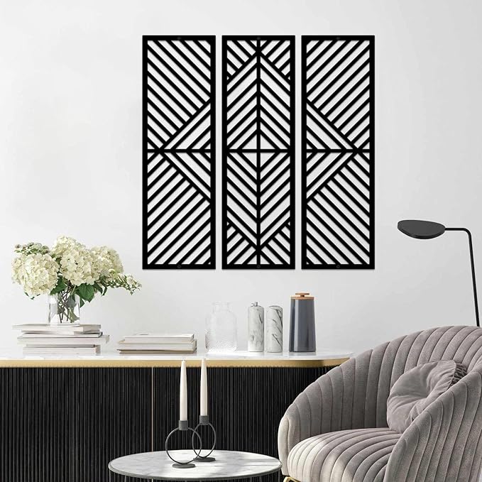 ESTART 3 Pcs Geometric Home Metal Wall Decor Vertical Abstract Minimalist Modern Black Wall Art Slatted Design Wall Hanging Sculpture for Living Room Bedroom Bathroom Office, 22 x 22 Inch