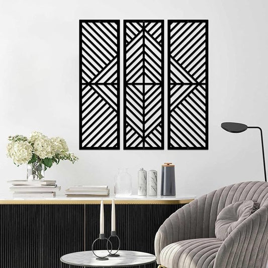 ESTART 3 Pcs Geometric Home Metal Wall Decor Vertical Abstract Minimalist Modern Black Wall Art Slatted Design Wall Hanging Sculpture for Living Room Bedroom Bathroom Office, 22 x 22 Inch