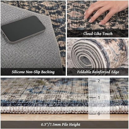 Washable 8x10 Area Rugs for Living Room, Boho Non-Slip Vintage Distress Large Rugs for Bedroom Dining Room Nursery Office, 0.3" Neutral Oriental Throw Thin Carpet, Black/Blue/Multi,A1