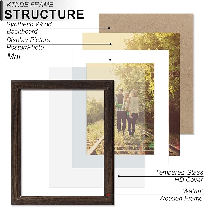KTKDE 12x15 Picture Frame,Display Pictures 9 x12 with Mat or 12x15 Without, Tempered Glass,15 by 12 Walnut Wooden Frame Wall Gallery Poster Frame best gift