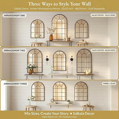 Black Arched Window Mirror | Farmhouse Decorative Wall Mirrors for Living Room, Bedroom, Entryway, Bathroom Vanity, Fireplace Mantel | Window Pane Mirror Wall Decor | Arch Mirror Modern Accent Décor
