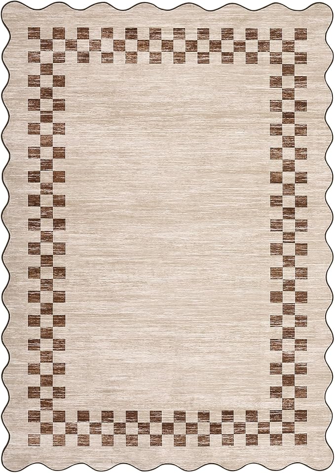 Small Area Rug 2x3 Modern Checkered Entry Rug Solid Color Scalloped Kitchen Rugs Washable Bedroom Doormat Non Slip Stain Resistant Bordered Throw Carpet for Living Room Nursery Laundry, Beige