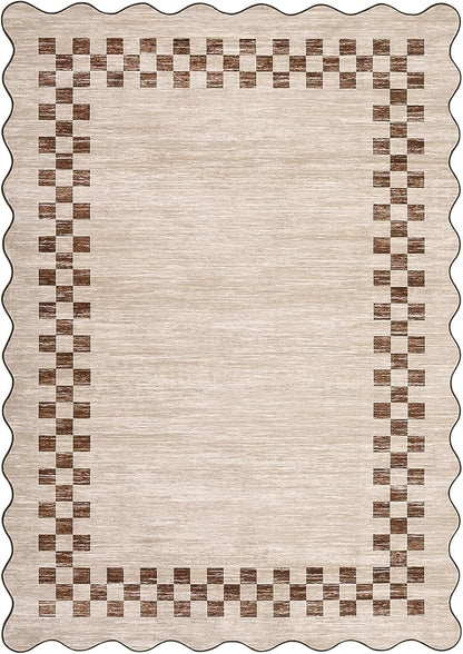 Small Area Rug 2x3 Modern Checkered Entry Rug Solid Color Scalloped Kitchen Rugs Washable Bedroom Doormat Non Slip Stain Resistant Bordered Throw Carpet for Living Room Nursery Laundry, Beige