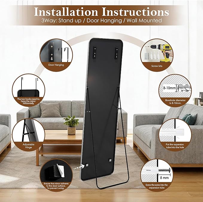 NARCISSUS 57x16 Mirror Door Hanging Full Length Body with Floor Stand or Wall Mounted Metal Aluminum Frame Tempered Glass Rectangle Mirrors for Bedroom Dressing Living Room Bathroom 57 inch Silver