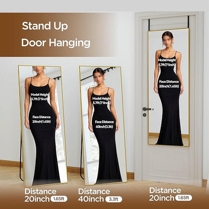 NARCISSUS 57x20 Mirror Door Hanging Full Length Body with Floor Stand or Wall Mounted Metal Aluminum Frame Tempered Glass Rectangle Mirrors for Bedroom Dressing Living Room Bathroom 57 inch Gold
