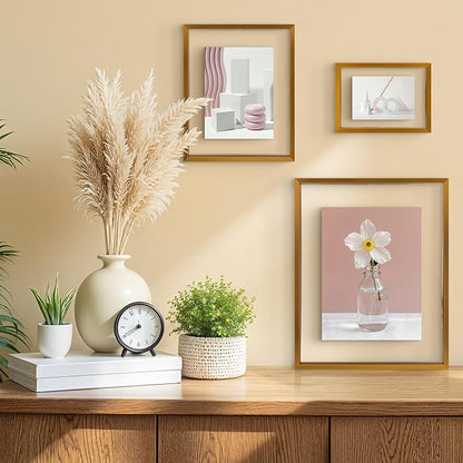 Frametory, Floating Picture Frames Set - Bronze Metal Photo Frames - Real Glass - Display One 11x14, Two 8x10, and Four 5x7 Inch Photos for Home Decoration