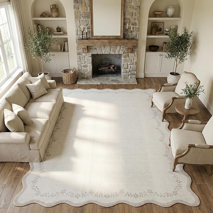 GarveeHome 4x6 Neutral Beige Scalloped Washable Area Rug for Girls Bedroom, Solid Floral Soft Nursery Rug Non Slip Low Pile Small Carpet Stain Resistant Throw Rug for Dorm Kids Room Office Dining Room