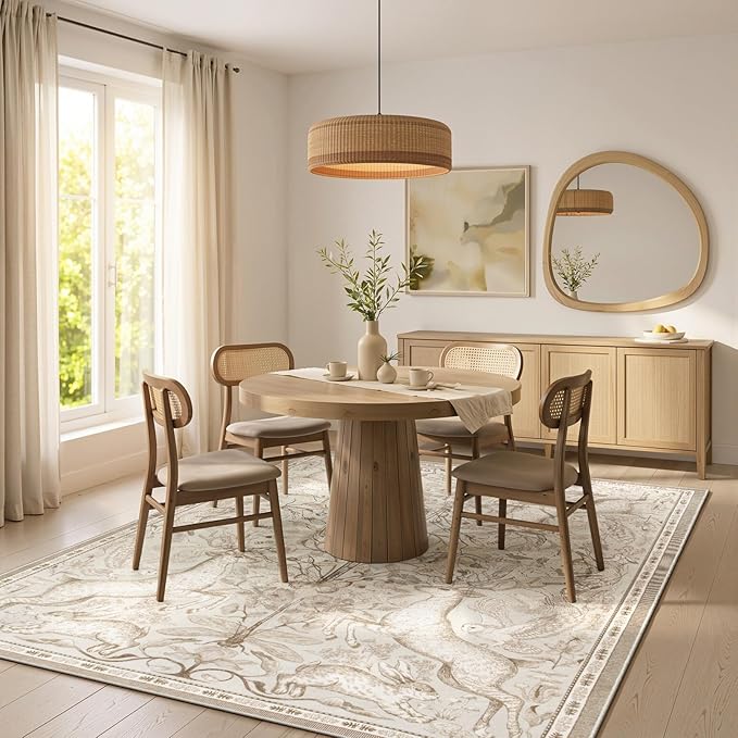 Lahome Dorval 6x9 Washable Deer Rug, Boho Cottagecore Neutral Area Rug, Non Slip Low Pile Soft Carpet for Living Room Dining Room Bedroom Office Nursery Farmhouse Home Decor Beige