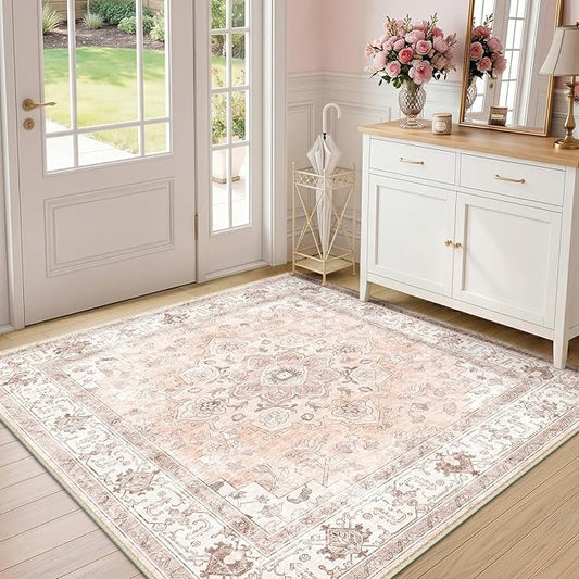 CAPALOCA Machine Washable Rugs Nursery Rug Sq4ft Cute Girl Non Slip Low Pile Water Repellent Soft Print Pattern for Bedroom Indoor Decor Kids Playroom Pink