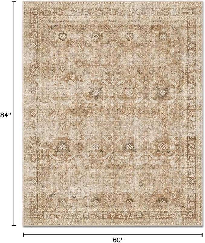 Washable 5x7 Area Rugs for Living Room, Boho Non-Slip Vintage Rug for Bedroom Dining Room Nursery Office, 0.3" Neutral Oriental Throw Thin Carpet with Cushioning Pad, Brown/Multi, C1
