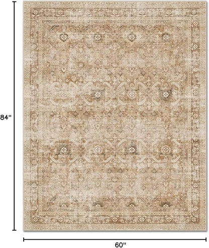 Washable 5x7 Area Rugs for Living Room, Boho Non-Slip Vintage Rug for Bedroom Dining Room Nursery Office, 0.3" Neutral Oriental Throw Thin Carpet with Cushioning Pad, Brown/Multi, C1