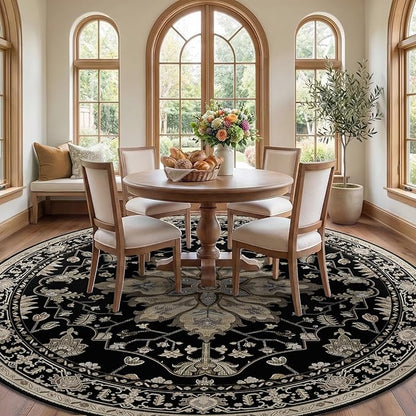 RELEANY Area Rugs Round 10ft Washable Non-Slip, Floral Vintage Distress Print Pattern Medallion Carpet for Living Room Bedroom Dining Room, Black Brown Neutral Dark Tan