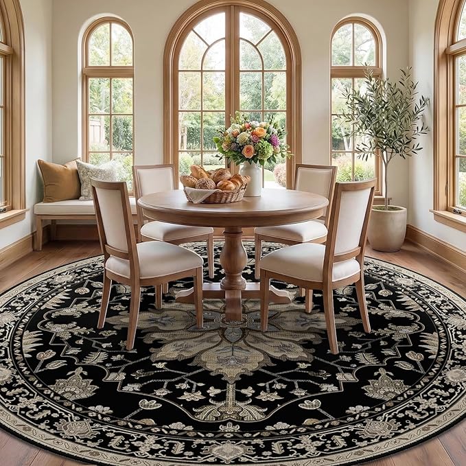 RELEANY Area Rugs Round 8ft Washable Non-Slip, Floral Vintage Distress Print Pattern Medallion Carpet for Living Room Bedroom Dining Room, Black Brown Neutral Dark Tan