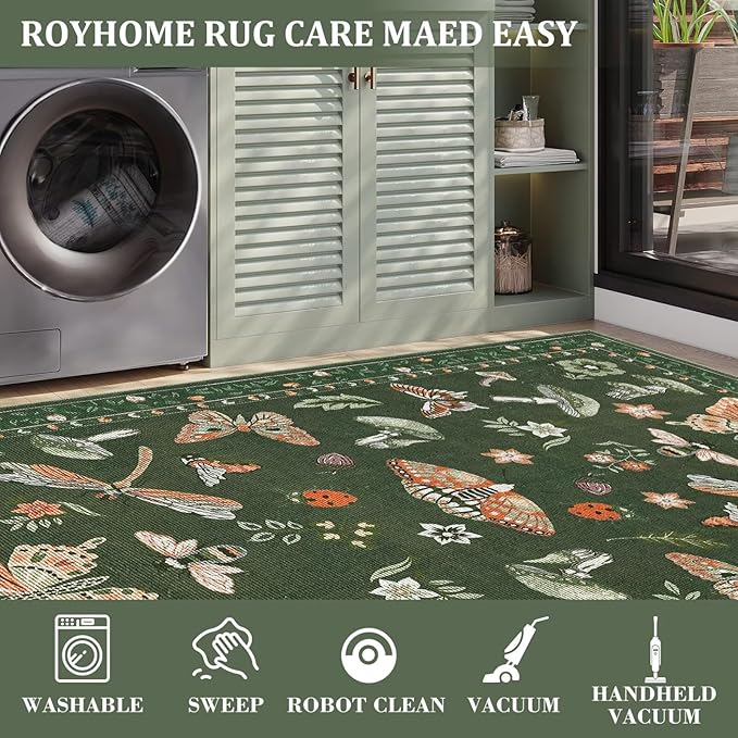 ROYHOME Mushroom 8x10 Area Rugs for Living Room Low-Pile Whimsical Cottage Core Insect Bug Butterfly Funky Dark Gothic Decor for Bedroom Nursery Dining Room Olive Green