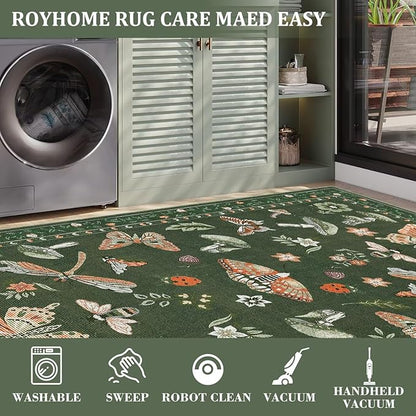 Mushroom Whimsical Cottage Core Small Rug 2x3 Washable Door Mat Indoor Rugs for Entryway Non-Slip Soft Insect Bug Butterfly Funky Decor for Bedroom Kitchen Olive Green