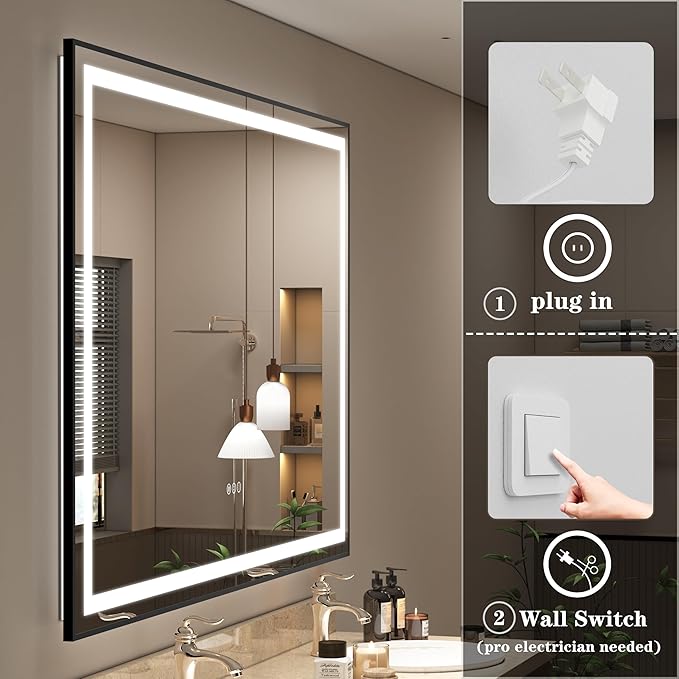 24x36 Framed LED Bathroom Mirror, Lighted Vanity Mirror with Lights, Dimmable Illuminated Mirror for Wall, Anti-Fog, Shatterproof (Front Lights and Backlit)