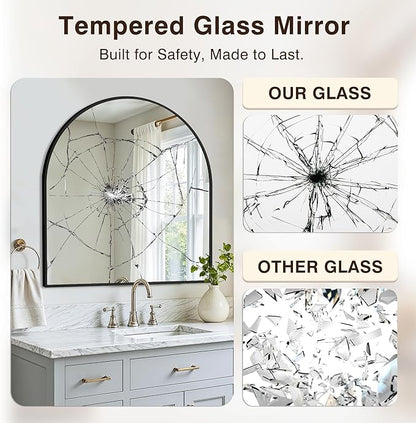 Vanity Bathroom Mirror for Wall, 32”x30” Arched Bathroom Mirror for Over Sink, Arched Metal Frame for Bedroom, Living Room, Entryway, Hanging or Leaning, Black