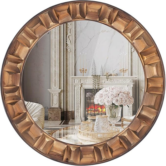 30 Inch Dark Solid Wood Round Wall Mirror, Brown Wooden Decorative Circle Mirror for Bathroom, Bedroom, Living Room, Entryway, Hallway, or Foyer