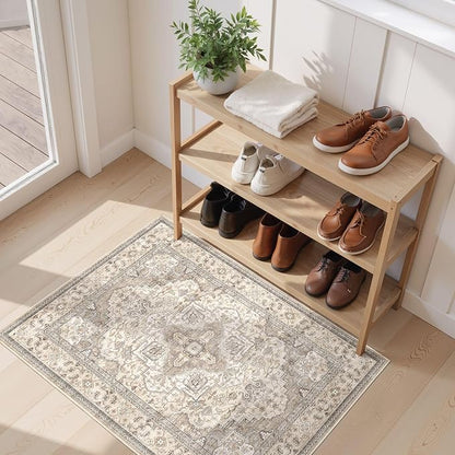 EIEIHOUSE Washable Area Rugs for Living Room -2x3 Neutral Vintage Distressed Floral Farmhouse Boho Large Soft Floor Rug Indoor Non Slip Carpet for Bedroom Dining Room Office - Brown/Multi