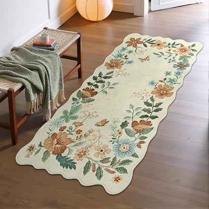 Lahome Floral Entryway Rug, 2x4 Washable Kitchen Rugs Non Slip Ultra-Thin, Front Door Mat Indoor Entrance Stain Resistant Boho Low-Pile Carpet for Entry Bathroom Bedroom Flore (2x4ft,Beige)