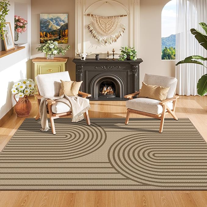 Easy Jute Area Rug, 4' x 6' Washable Rug, Brown Farmhouse Ultra-Thin Non-Slip Carpet for Outdoor, Bedroom, Dining Room, Backyard, Home Decor