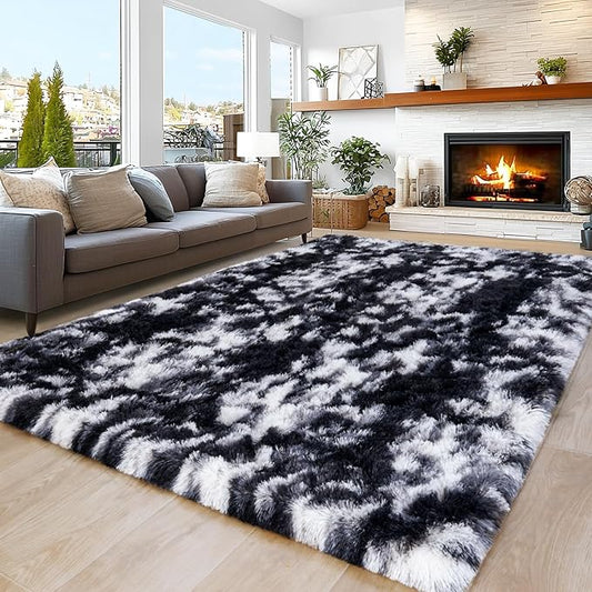 8x10 Area Rugs for Living Room Bedroom, Ultra Soft Fluffy Black and White Large Rug Carpet for Bedroom, Upgrade Non-Slip Fuzzy Shag Plush Rugs for Nursery Boys Girls Kids Room Modern Indoor Home Decor