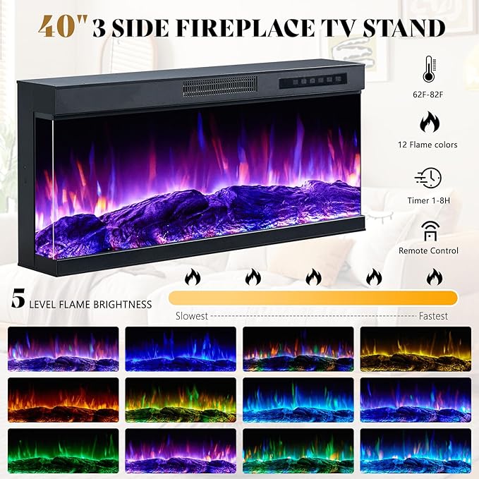 AMERLIFE 75in 3-Sided Glass Fireplace TV Stand for TVs up to 85", Rustic Fireplace Media Entertainment Center Console Table Cabniet with Glass Door Closed Storage, Distressed White