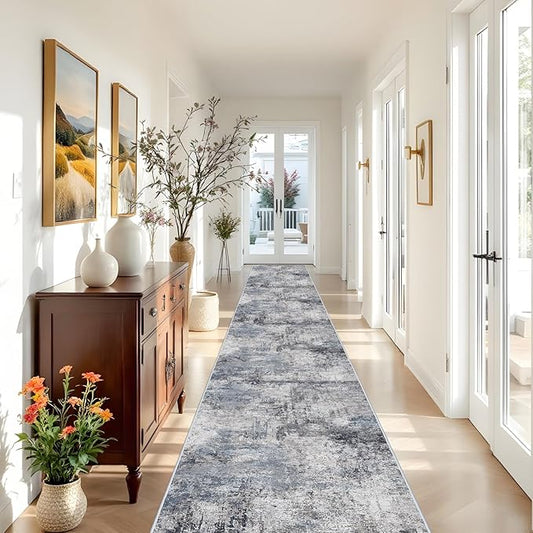 RUUGME 3x20 Runner Rug Hallway - Runner Rug Stain Resistant for Living Room Non Slip Indoor Entryway Rubber Backing Carpet Bedroom Kitchen Distressed Floor Decor Mat Machine Washable 3x20 Blue