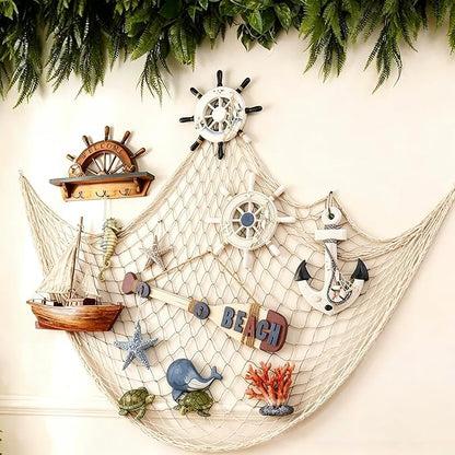 Decorative Fishing Net 2 Pack, Patioland 80x40 Inch Large Beige Fish Net Decor for Wall, Photo Display, Nautical Mermaid Pirate Ocean Themed Beach Hawaii Under the Sea Party Decorations