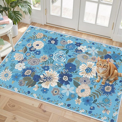 Floral Washable Rug for Entryway, 2x3 Kitchen Mat Ultra-Thin Soft, Non-Slip Indoor Door Carpet Stain Resistant Boho Small Low-Pile Throw for Bathroom Bedroom (Blue Garden, 2 x 3)