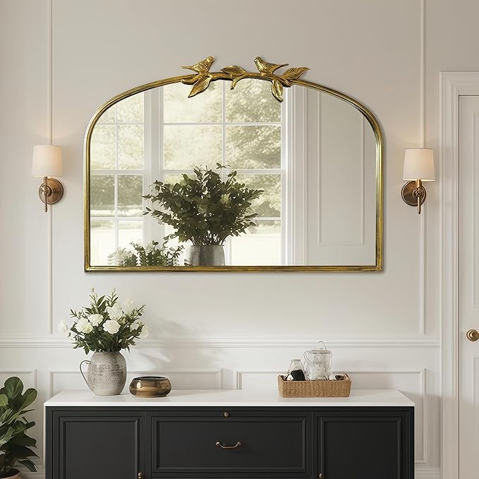 Horizontal Gold Vintage Mirror - 36x25.5 Inch, Arched Antique Mirror with Ornate Frame for Bathroom, Living Room, Fireplace, Entryway