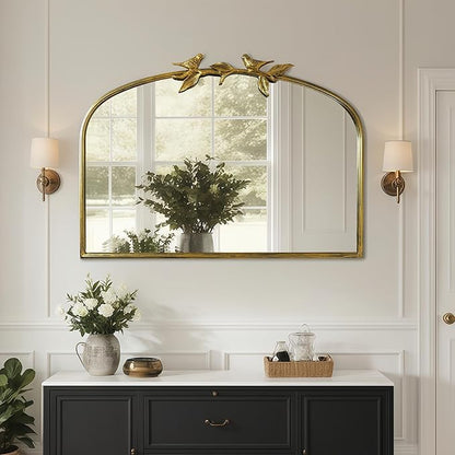 Horizontal Gold Vintage Mirror - 36x25.5 Inch, Arched Antique Mirror with Ornate Frame for Bathroom, Living Room, Fireplace, Entryway