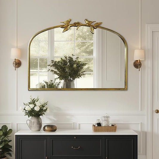Horizontal Gold Vintage Mirror - 36x25.5 Inch, Arched Antique Mirror with Ornate Frame for Bathroom, Living Room, Fireplace, Entryway