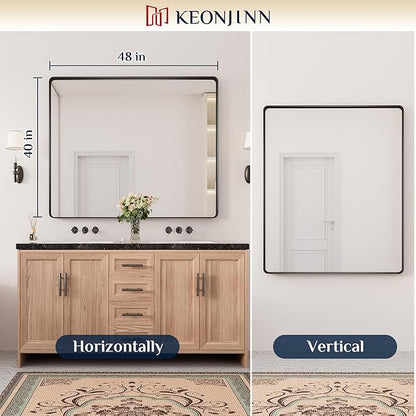 Keonjinn Black Bathroom Mirror for Over Sink, 48" x 40" Large Rounded Rectangle Bathroom Vanity Mirror, Matte Black Sandblasted Finish, Tempered Glass Seamless Aluminum Alloy Frame Decorative Mirror