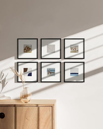 HAUS AND HUES 8x8 Black Metal Picture Frames Matted to 4x4 - Features Premium Aluminum & Hanging Hardware, Shatterproof Plexiglass - Ideal for Home, Room, Office (8x8 in, Black, Set of 6)