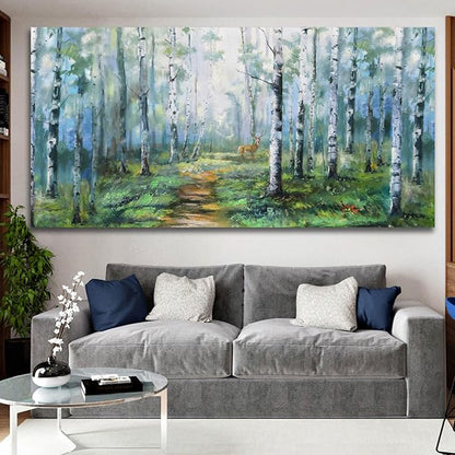 Enartly Birch Tree Wall Art for Living Room, Large Wall Decor Canvas Painting Green Forest Nature Picture Scenery Artwork Textured Framed for Bedroom Hallway Home Office Decoration 58"x29"