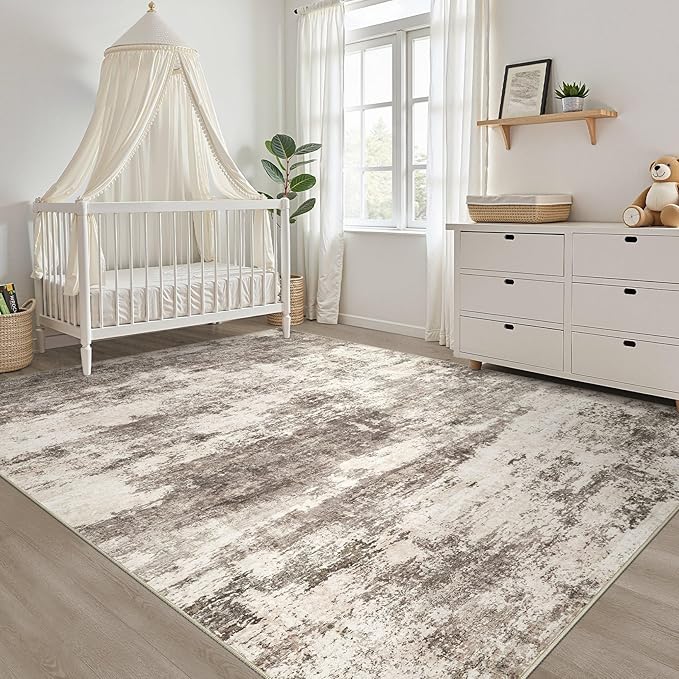 10x12 Area Rug Living Room: Washable Large Neutral Rug Abstract Soft Modern Stain Resistant Indoor Floor Non-Slip Carpet for Bedroom Nursery Kids Office Playroom Dining Room Under Table- Mocha Brown