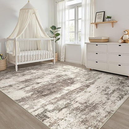 10x12 Area Rug Living Room: Washable Large Neutral Rug Abstract Soft Modern Stain Resistant Indoor Floor Non-Slip Carpet for Bedroom Nursery Kids Office Playroom Dining Room Under Table- Mocha Brown