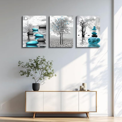 Canvas Wall Art for Living Room Wall Decor for Bedroom Bathroom Black and White Paintings Modern 3 Piece Framed Canvas Art Prints Ready to Hang Inspirational Abstract Blue Pictures Home Decorations