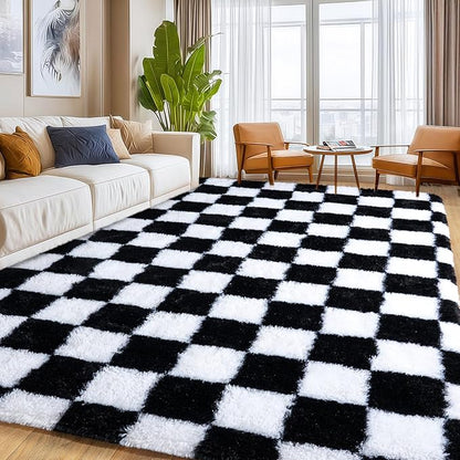 Area Rugs for Living Room, Shaggy Carpets for Living Room, Fuzzy Rugs for Kids' Room, Perfect Decor for Modern Home Black White Grid 5x7 Ft