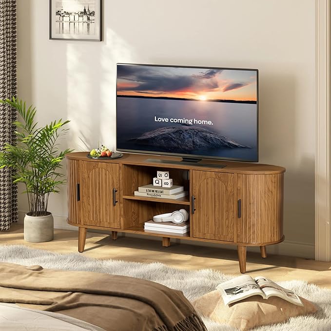Mxtxmy 51" Fluted TV Stand, Mid-Century Modern Entertainment Center for Tvs up to 60" with Drawers and Fluted Doors, Curved TV Media Console Table with Sliding Doors for Living Room, Bedroom (51")