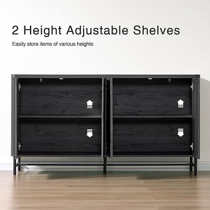 Fatmok 65" Buffet Cabinet with Storage, Fluted Credenza Sideboard with 4 Doors & Adjustable Shelves, Large Coffee Bar Console Table for Dining Room, Living Room, Entryway, Black Grey