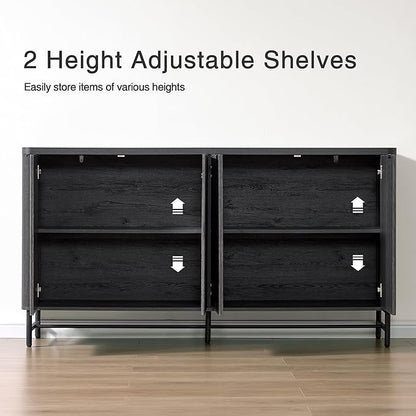 Fatmok 65" Buffet Cabinet with Storage, Fluted Credenza Sideboard with 4 Doors & Adjustable Shelves, Large Coffee Bar Console Table for Dining Room, Living Room, Entryway, Black Grey