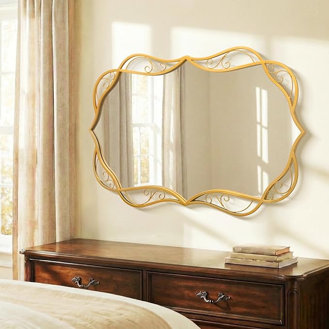 Besdomus Antique Gold Bathroom Mirror: 24"x36" Scalloped Modern Large Bathroom Vanity Mirrors for Over Sink - Farmhouse Decorative Vertical or Horizontal Hanging for Bathroom/Fireplace/Hallway