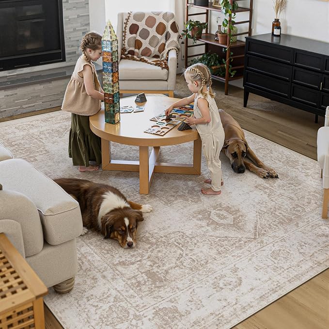 Area Rug 8x10 Vintage Rug: Large Washable Indoor Medallion Rugs Low Pile Distressed Floor Carpet Retro Accent Rug for Living Room Bedroom Kitchen Dining Table Home Office(Beige, 8'x10')