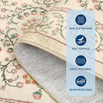 GarveeHome Boho Round Rugs 6ft for Living Room Non Slip, Vintage Botanical Circle Rug Washable Area Rug for Dining Room Stain Resistant, Low Pile Soft Camel Circular Carpet for Nursery Kitchen