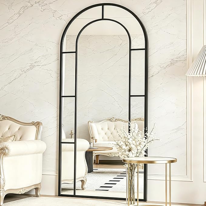 Arched Full Length Mirror, 56"x22" Large Window Floor Mirror, Farmhouse Pane Mirrors with Metal Framed, Full Body Wall or Leaning Mirrors for Bedroom, Living Room (Black)