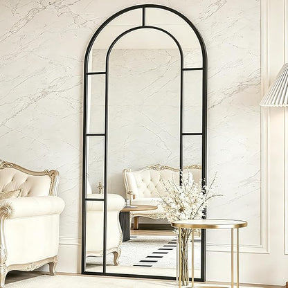 Arched Full Length Mirror, 56"x22" Large Window Floor Mirror, Farmhouse Pane Mirrors with Metal Framed, Full Body Wall or Leaning Mirrors for Bedroom, Living Room (Black)