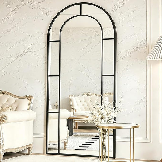 Arched Full Length Mirror, 56"x22" Large Window Floor Mirror, Farmhouse Pane Mirrors with Metal Framed, Full Body Wall or Leaning Mirrors for Bedroom, Living Room (Black)