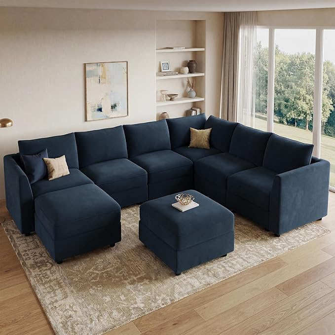 HONBAY Oversized Modular Sectional Sofa with Storage U Shape Sectional Sofa Set Velvet Sectional Couches for Living Room,Dark Blue